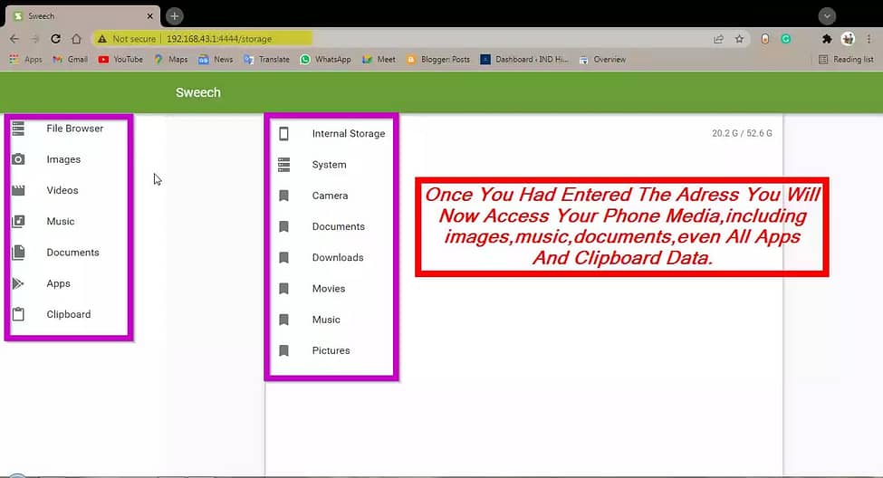 Showing all files of phone media in pc, using Sweech-Wifi file transfer app ip adress. 