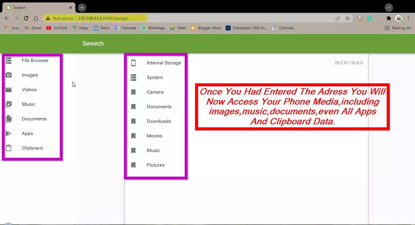 Showing all files of phone media in pc, using Sweech-Wifi file transfer app ip adress.