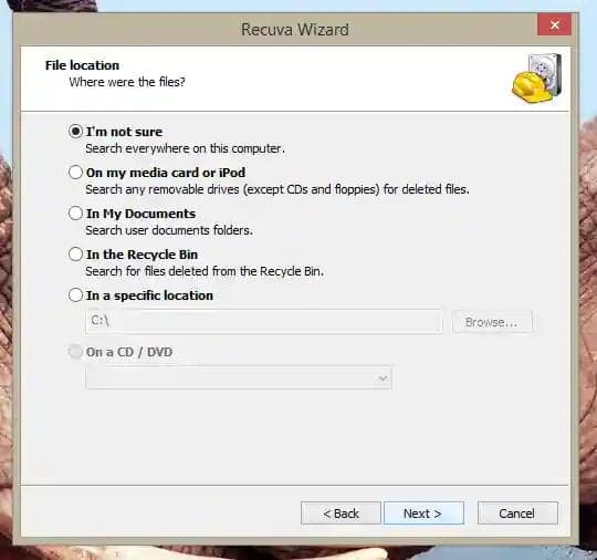 Recuva Wizard Home page